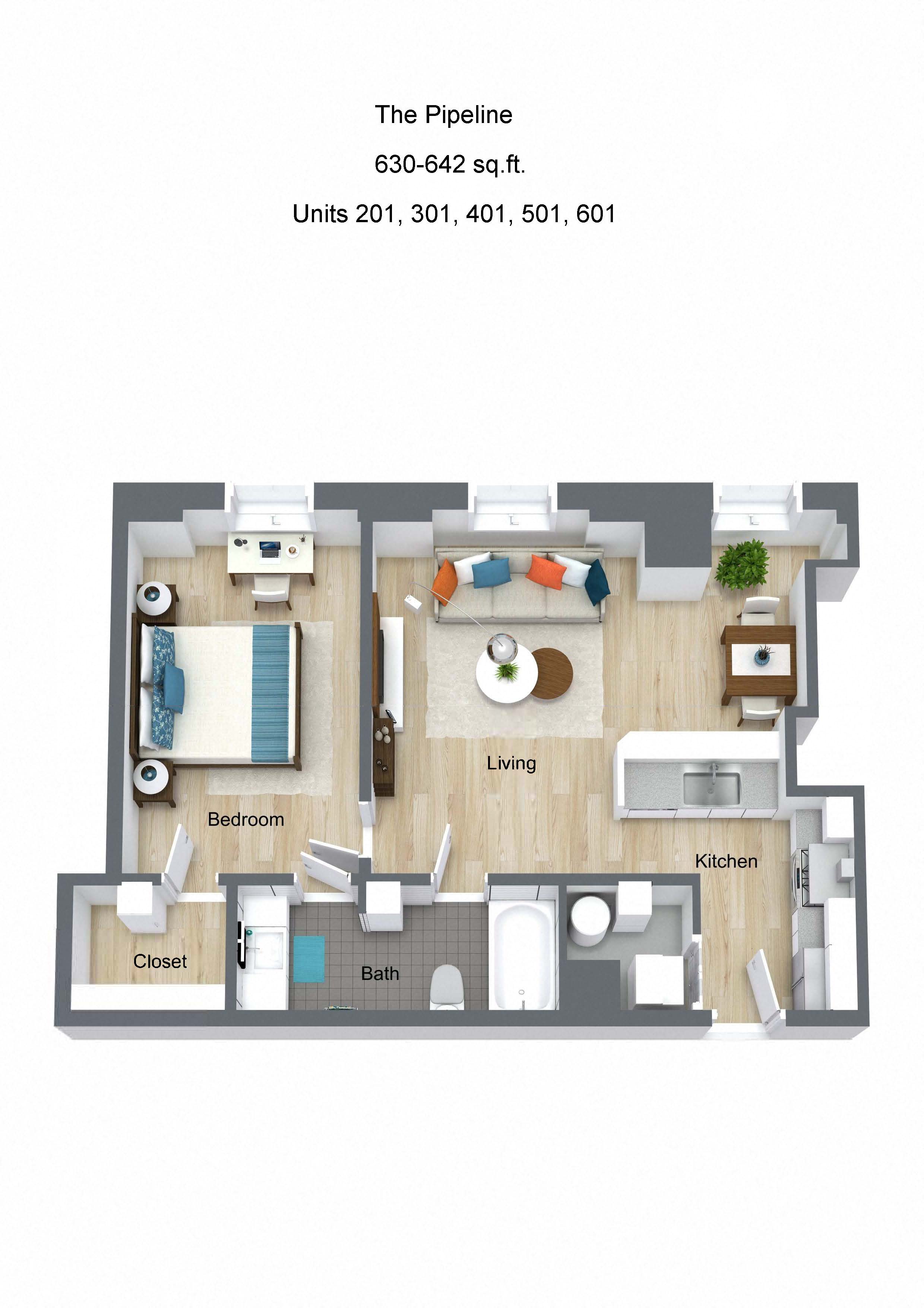 Floor plan for 1 bed, 1 bath, 642 sqft